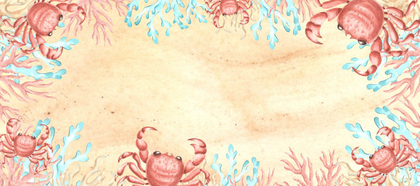 沙滩背景上的螃蟹和珊瑚。手绘水彩插图。带有空白空间的明信片模板。水下礁石动物。地中海，热带海洋。用于框架、邀请函、网站的剪贴画。图片下载