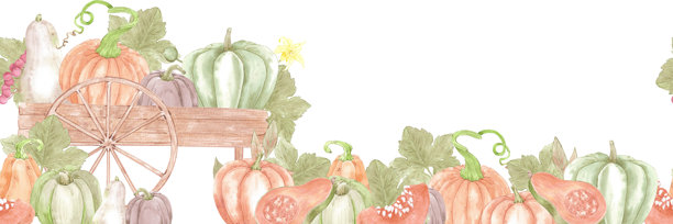 手绘水彩成熟南瓜与木制手推车和叶子的无缝边框，孤立在白色背景上。乡村插图可用于剪贴簿、纺织品和其他印刷产品。图片下载