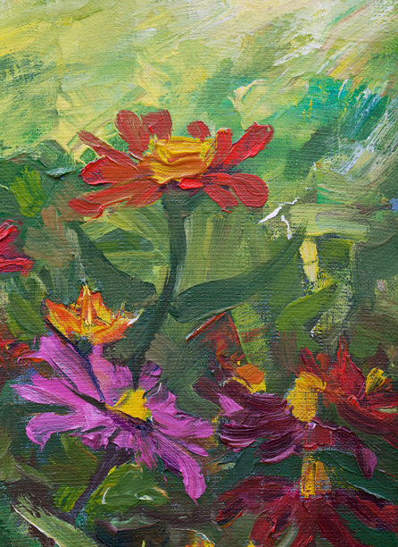 时尚的插画现代艺术作品我的原油画在画布上的力量印象派垂直静物花束红色和粉红色的菊花图片下载