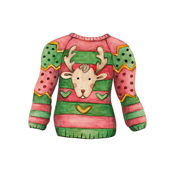 水彩插图，描绘了一件丑陋的圣诞毛衣，上面有一只鹿头。图片下载