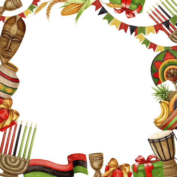 非洲团结旗帜的宽扎节方框，基纳拉，面具，水果盘和礼物。手绘水彩节日插图，展示传统象征。适用于非裔美国人设计的独立图案。图片下载