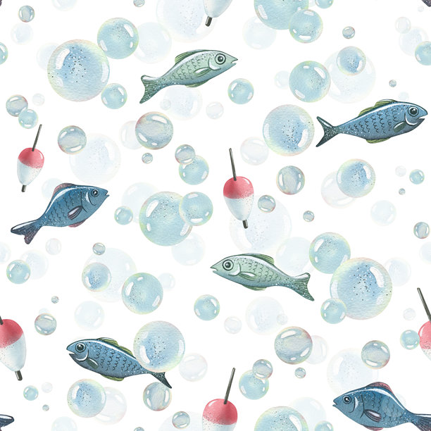 不同大小的蓝色水泡与鱼在混乱的排列中漂浮。水彩手绘插图。无缝图案，无限重复的装饰，背景为白色。图片下载