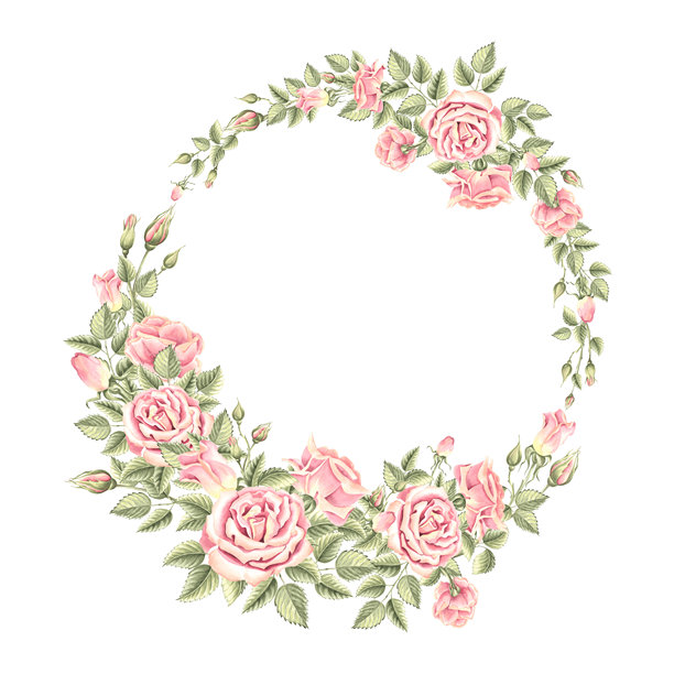 玫瑰花与绿色叶子。春季花环圆形框架。手绘水彩插图，独立展示。花园植物的剪贴画。适用于邀请函、卡片、婚礼、情人节的模板，留有空白空间。图片下载