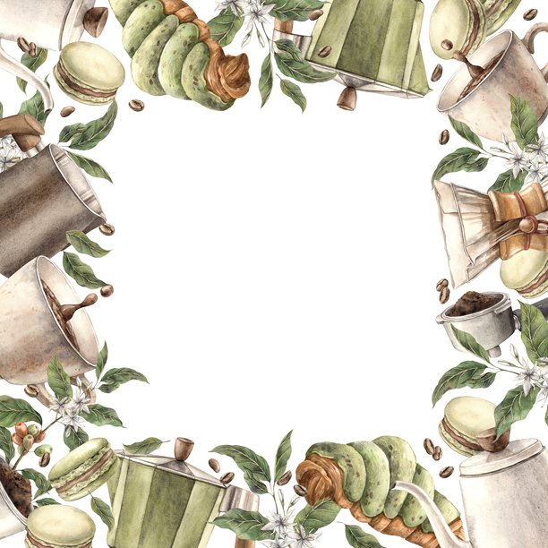 马克杯、喷泉咖啡机、咖啡滤纸、马卡龙、可颂、咖啡豆、牛奶壶、叶子和树枝。水彩手绘方框，适用于品牌店、咖啡馆、明信片的孤立背景。图片下载