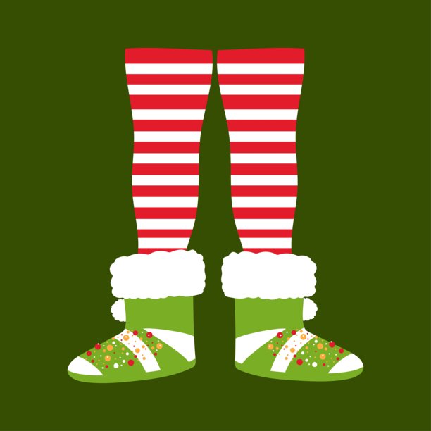 穿着红色条纹睡衣和绿色圣诞靴的腿。手绘矢量设计图片下载