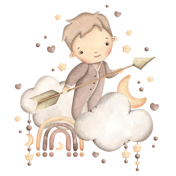 水彩手绘的星座插图，描绘了坐在云朵上的小射手，周围有星星和月亮。可爱的卡通小男孩手持箭矢，适合儿童。图片下载