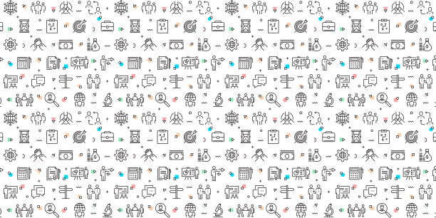 矢量设计模板集和元素的业务在流行的线性风格-无缝模式与线性图标相关的业务-矢量图片下载