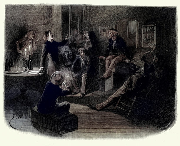 年轻人，男性友谊，晚上一起喝酒抽烟，法国复古插画19世纪90年代图片下载