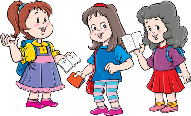 快乐小女孩一起学习，矢量插画图片下载