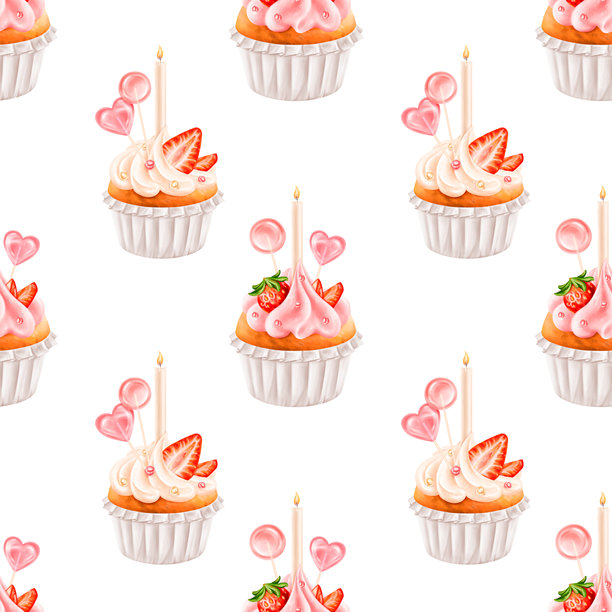 无缝图案，草莓装饰的浆果杯子蛋糕。糖果，奶油蛋糕和奶油。带蜡烛的小蛋糕。手绘插图。节日装饰，祝贺。图片下载