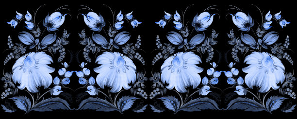 黑色背景上手绘大丽花和菊花蓝色花卉的无缝边框图案图片下载