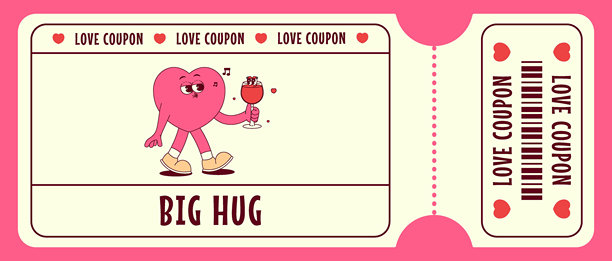 复古风格的爱心角色，手持酒杯，走路并唱歌的爱心卡券。大大的拥抱。情人节，2月14日及其他爱情节日。横向矢量插图。图片下载