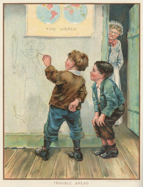 一个淘气的维多利亚时代的男孩在墙上画了一幅老师的漫画，而老师正看着他呢!图片下载