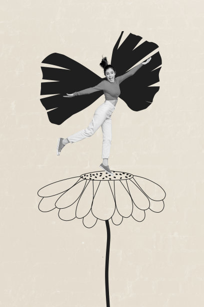 快乐的仙女女孩穿着蝴蝶翅膀服装，站在春天的洋甘菊花旁，背景为涂鸦风格的画面，呈现出竖版照片拼贴。图片下载