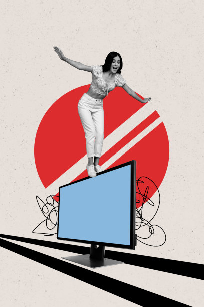 快乐女孩的垂直照片拼贴，平衡着电脑显示器，展现IT大师职业，黑客与电视，背景为涂鸦风格。图片下载