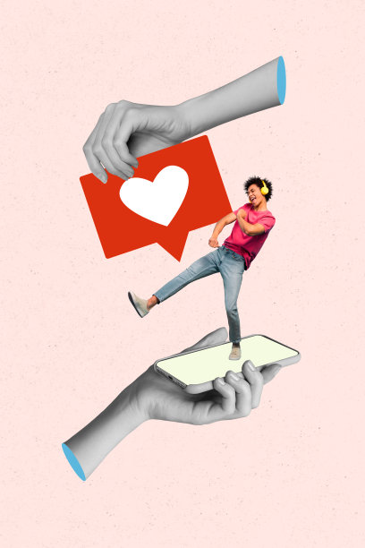 快乐的美国男孩在手机屏幕前跳舞，展示心形点赞通知反馈的竖版照片拼贴，背景为涂鸦风格。图片下载