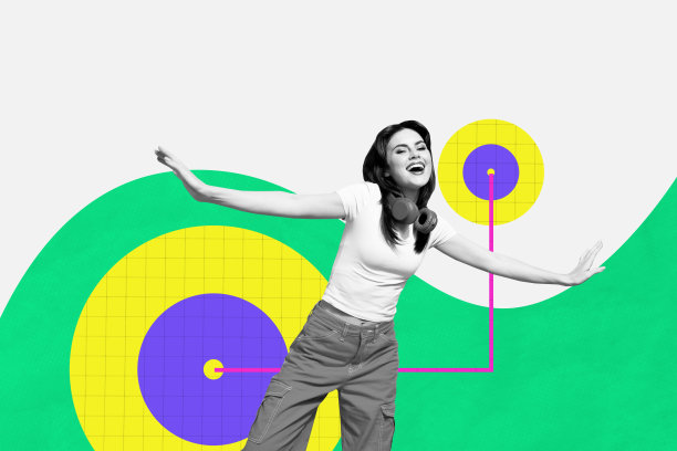 快乐女孩在涂鸦背景下穿着周末派对服装，戴着音乐耳机，享受舞蹈的合成照片拼贴。图片下载