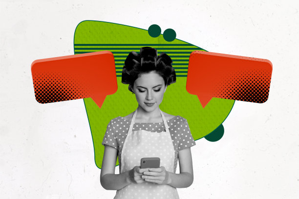 创意图片拼贴，年轻女性在家中使用智能手机回复信息，进行互联网交流，使用聊天应用程序的家庭主妇。图片下载