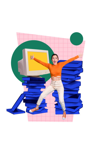 兴奋的女孩书虫的竖向照片拼贴，书本堆叠在一起，电脑显示器，学生，图书馆，读者，背景为涂鸦风格。图片下载