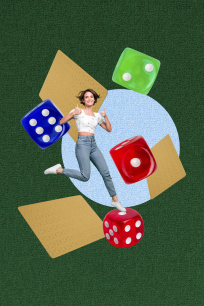 快乐女孩的垂直照片拼贴，展示扑克、骰子和轮盘的胜利手势，背景为涂鸦风格。图片下载