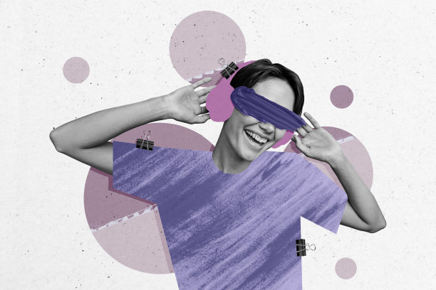 合成照片拼贴，匿名女孩戴着耳机听音乐，眼睛被胶带封住，沉浸在派对旋律中，背景为涂鸦风格。图片下载