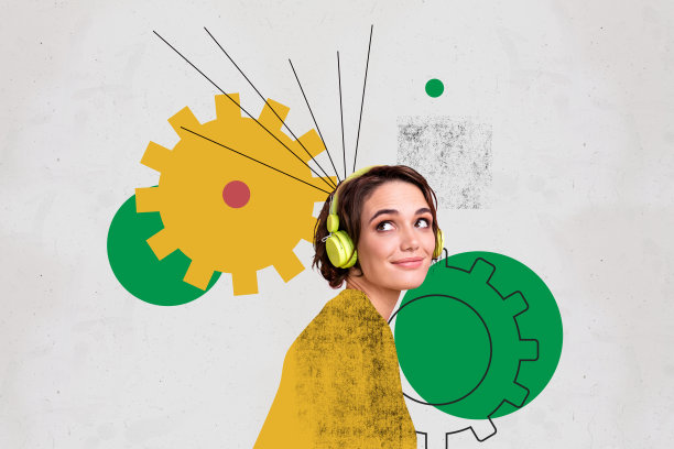 快乐的商务女孩戴着耳机，听着旋律，进行齿轮优化工作的合成照片拼贴，背景为涂鸦风格。图片下载