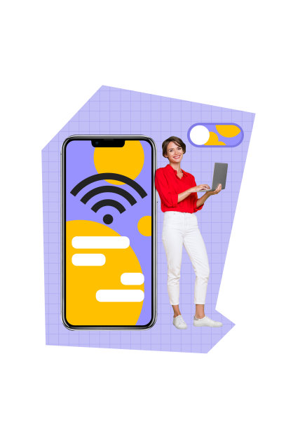 快乐的女商人自由职业者在涂鸦背景下，使用笔记本电脑、手机和5G网络进行无线传输的垂直照片拼贴。图片下载