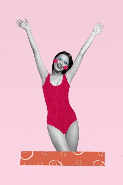 快乐女孩的垂直照片拼贴，化妆成小丑，穿着泳衣，夏季海边，玩乐心情，放松，背景为涂鸦风格。图片下载