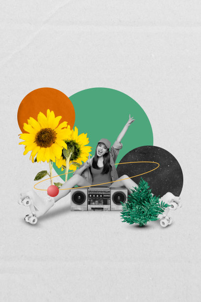 兴奋的女孩嬉皮士风格竖版照片拼贴，做出问候手势，手持音响和向日葵，庆祝派对，背景为涂鸦风格。图片下载