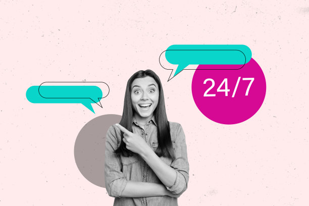 24/7服务支持帮助的综合趋势艺术作品草图，照片拼贴，包含客户、客户服务、对话气泡、灯泡、年轻女士和指点手势。图片下载