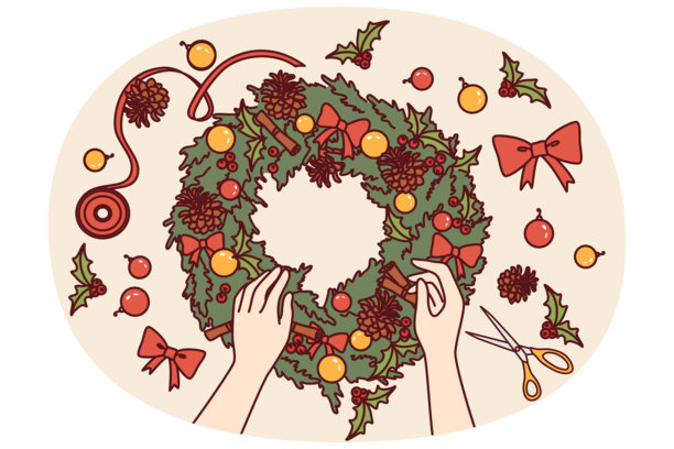 用绿色冷杉树枝和红色蝴蝶结或松果制作的DIY圣诞花环，适合室内装饰图片下载