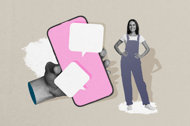 复合趋势艺术作品 3D 图像 照片拼贴，剪影年轻女性手持智能手机，展示聊天云应用程序的网络联系图片下载