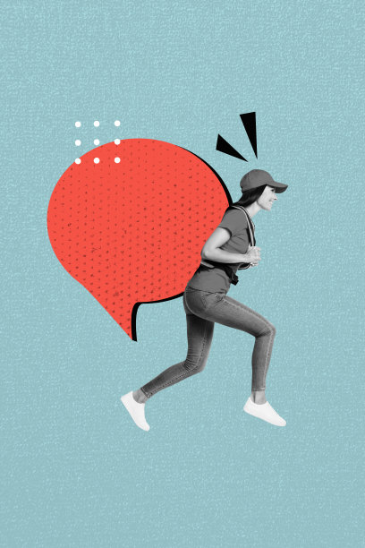 兴奋女孩的垂直照片拼贴，奔跑的快递员，气泡交流，背包，独立于彩绘背景上。图片下载