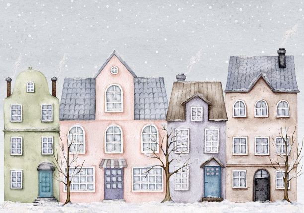 可爱的欧洲房屋。冬季，圣诞节，新年。被雪覆盖的城市建筑在飘落的雪花背景下。老城区。手绘水彩。明信片，海报，书籍。图片下载