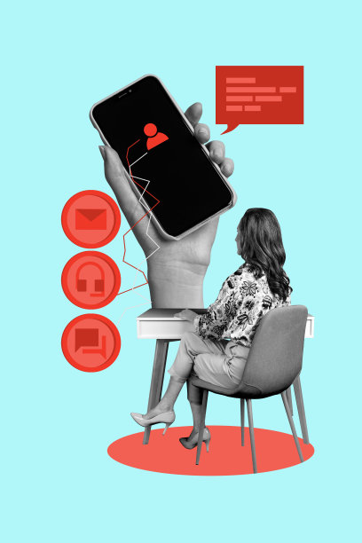 匿名女商人的垂直照片拼贴，IT大师手机屏幕图标界面消息通讯，背景为涂鸦风格。图片下载