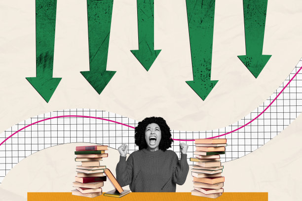 图书馆工作人员年轻女性的复合趋势艺术作品，3D草图图像，照片拼贴，教育，向下箭头，危机，损失，金钱，尖叫，悲伤表情符号图片下载