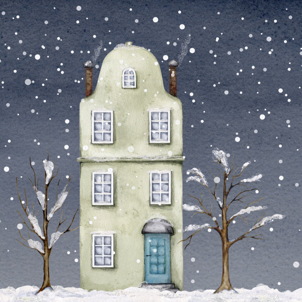 可爱的欧洲房屋。冬季，圣诞节，新年。城市建筑在夜空和飘落的雪花中。手绘插图。老城区。水彩画。明信片、海报、书籍的设计元素。图片下载