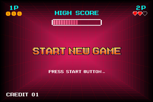 开始新游戏 像素艺术 8位游戏 复古游戏 游戏素材 复古未来主义科幻背景 发光的霓虹网格 和来自复古街机电脑游戏的星星图片下载