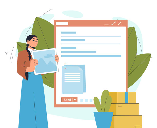 女性发送文件。年轻女孩在网站页面旁边的照片。企业证书。经理与女商人使用电子邮件。扁平化矢量插图。图片下载