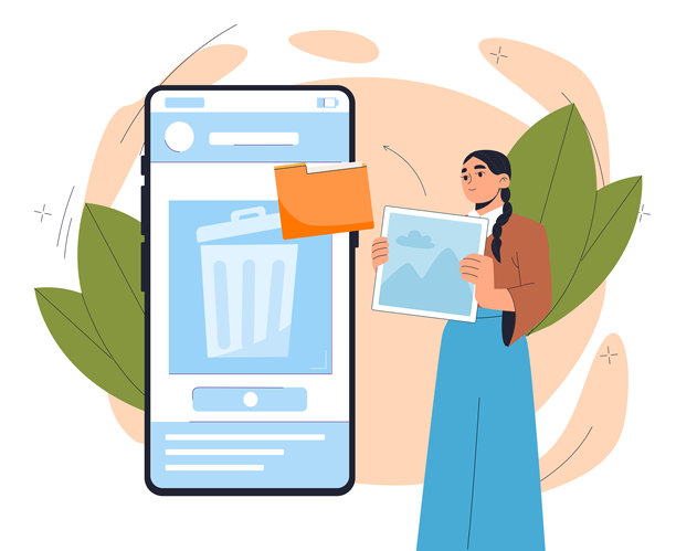 女性正在删除文件。年轻女孩在垃圾桶旁边拿着图片和文件夹。设备或工具的存储管理。社交网络中的沟通。扁平化矢量插图。图片下载