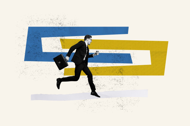 愤怒尖叫的商人拼贴照片，手拿咖啡杯和行李箱，因时间限制而匆忙，背景为涂鸦风格。图片下载