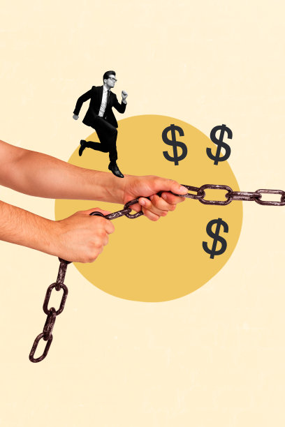 严肃商人的垂直照片拼贴，展示了链条贷款安全链保护美元货币，背景为涂鸦风格。图片下载