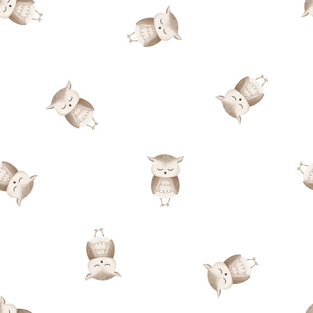 无缝图案，卡通鸟。手绘插图，米色猫头鹰和可爱的马，背景独立。极简斯堪的纳维亚风格的重复图案。夜间森林生物。图片下载