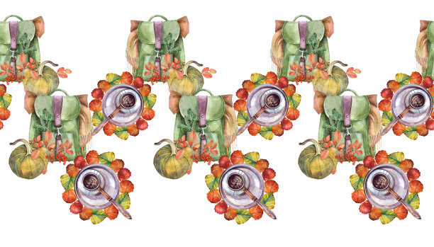 无缝边框，水彩绿色背包，适合采摘、徒步和咖啡，背景为白色。南瓜和红色浆果。周末森林旅游步行。手绘秋季卡片包装壁纸。图片下载