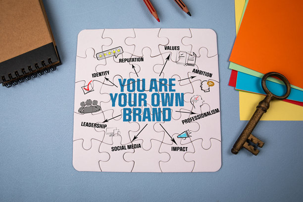 你就是你自己的品牌。插图包含图标、箭头和关键词。白色拼图和办公用品放在桌子上。图片下载