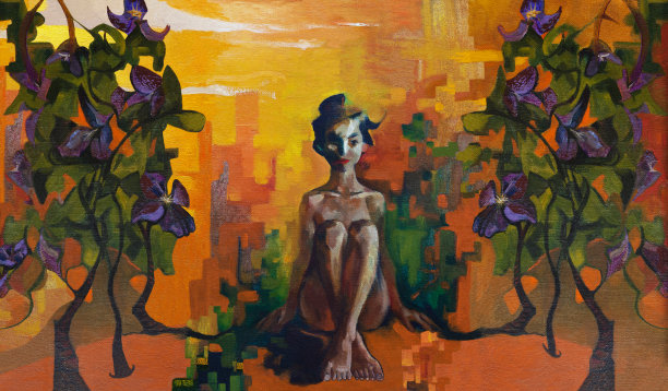 时尚的插图现代艺术作品我的原始油画在画布上印象派横向阳光装饰肖像人物坐在温柔美丽的女孩长头发和一个东方风格的头发图片下载