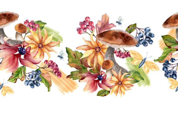 色彩斑斓的秋季无缝边框，包含森林牛肝菌、浆果、花朵和水彩笔触，独立呈现。手绘的秋叶和黑果山楂的花卉重复纹理，适用于季节性设计。图片下载
