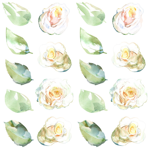 白玫瑰与绿色叶子的无缝图案，来自花园花卉系列。水彩插图，适用于布料、毛巾、纺织品、编织、壁纸和包装纸的花卉设计。手绘的柔和、彩虹色调。图片下载