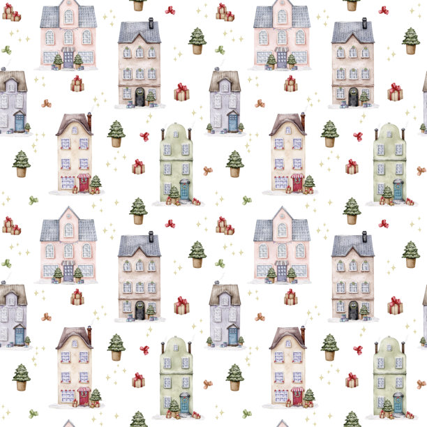 白色背景上的欧洲传统房屋无缝图案。圣诞节，冬季，新年。被雪覆盖的城市建筑装饰着节日的气氛。手绘水彩插图。图片下载