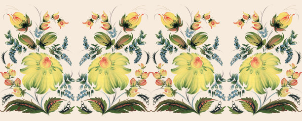 手绘大丽花和菊花黄色花朵的无缝花边图案，背景为米色图片下载